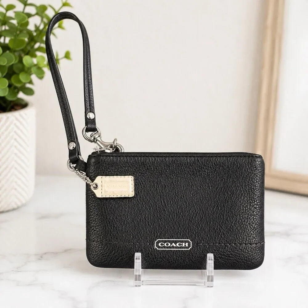 Coach Black Leather Teal Lined Wristlet w/ Zipper Credit Card Slot & Strap